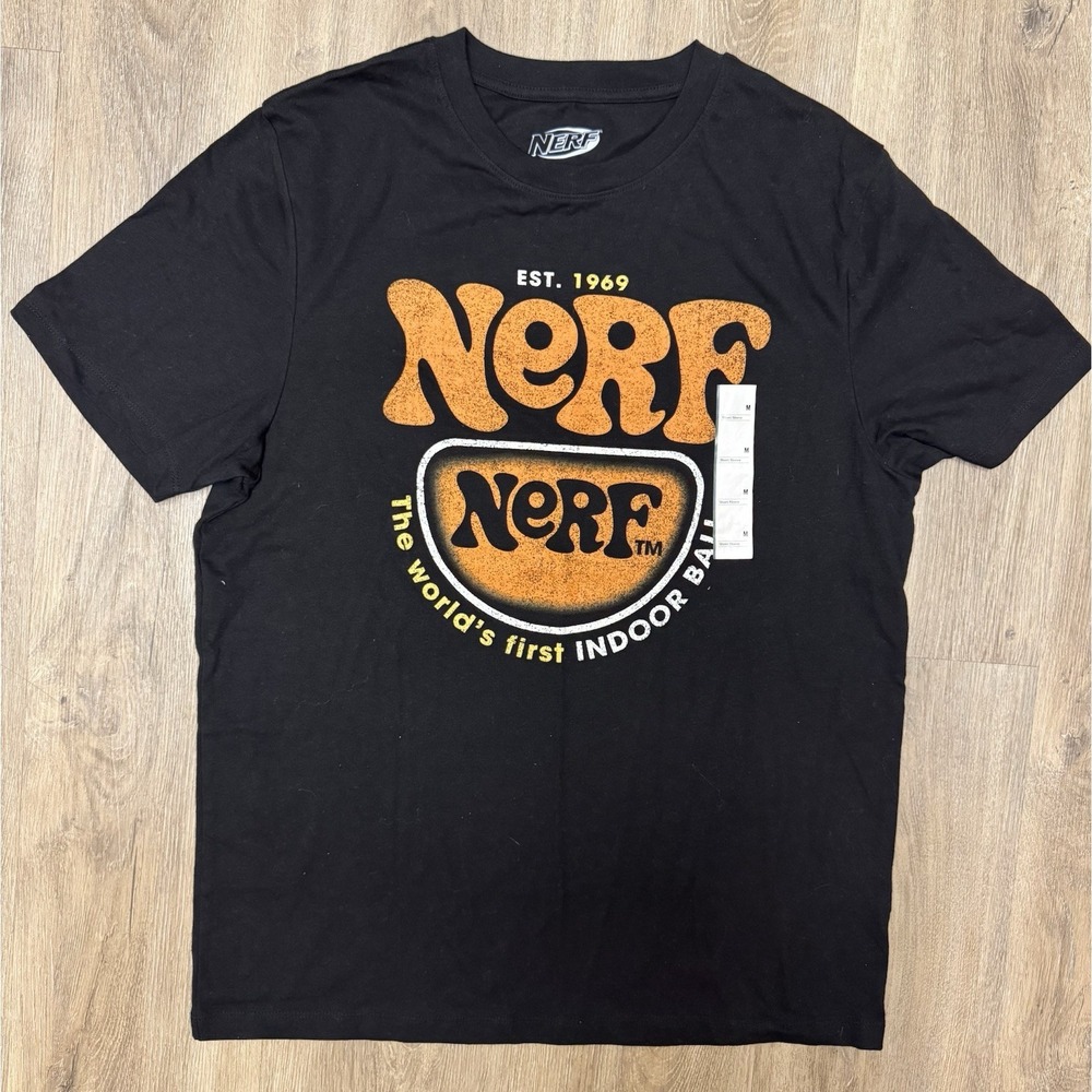 Nerf T-Shirt Men's Medium Black Graphic Tee Retro Style Est 1969 Indoor Ball